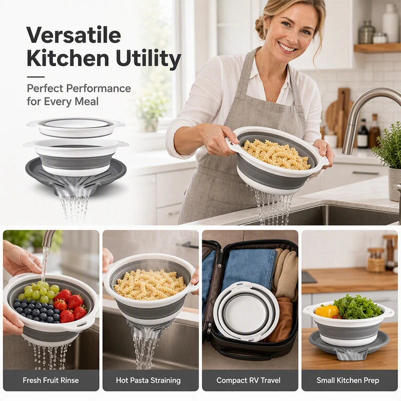 🥗 3-Piece Collapsible Colander Set with Draining Base – Space-Saving Kitchen Strainers for Fruits, Pasta & Vegetables