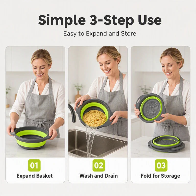 🥗 3-Piece Collapsible Colander Set with Draining Base – Space-Saving Kitchen Strainers for Fruits, Pasta & Vegetables