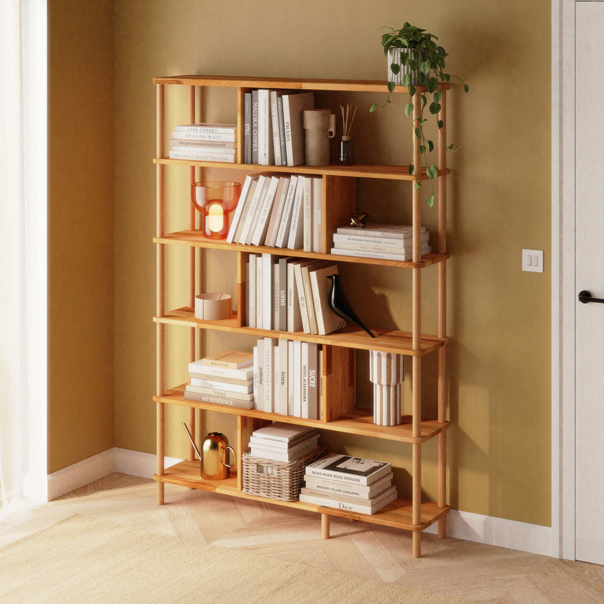 Solid beech six shelf bookcase in natural wood