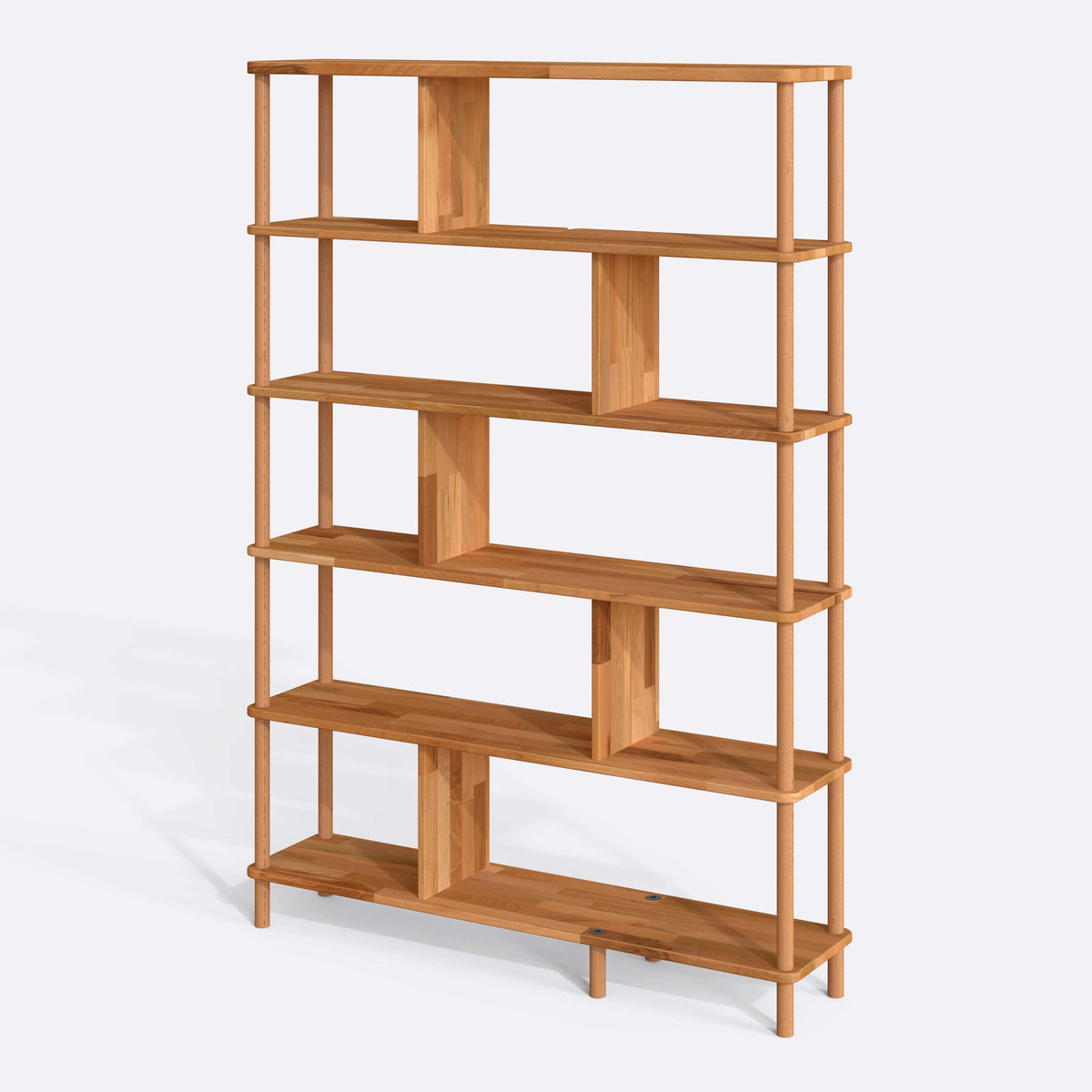 Solid beech six shelf bookcase studio view