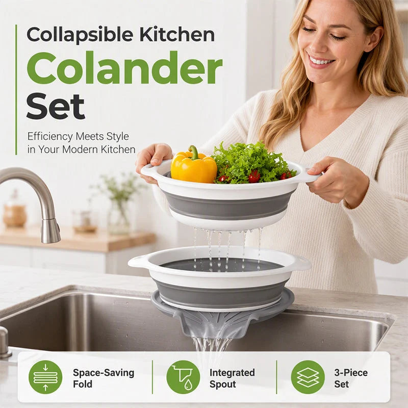 🥗 3-Piece Collapsible Colander Set with Draining Base – Space-Saving Kitchen Strainers for Fruits, Pasta & Vegetables