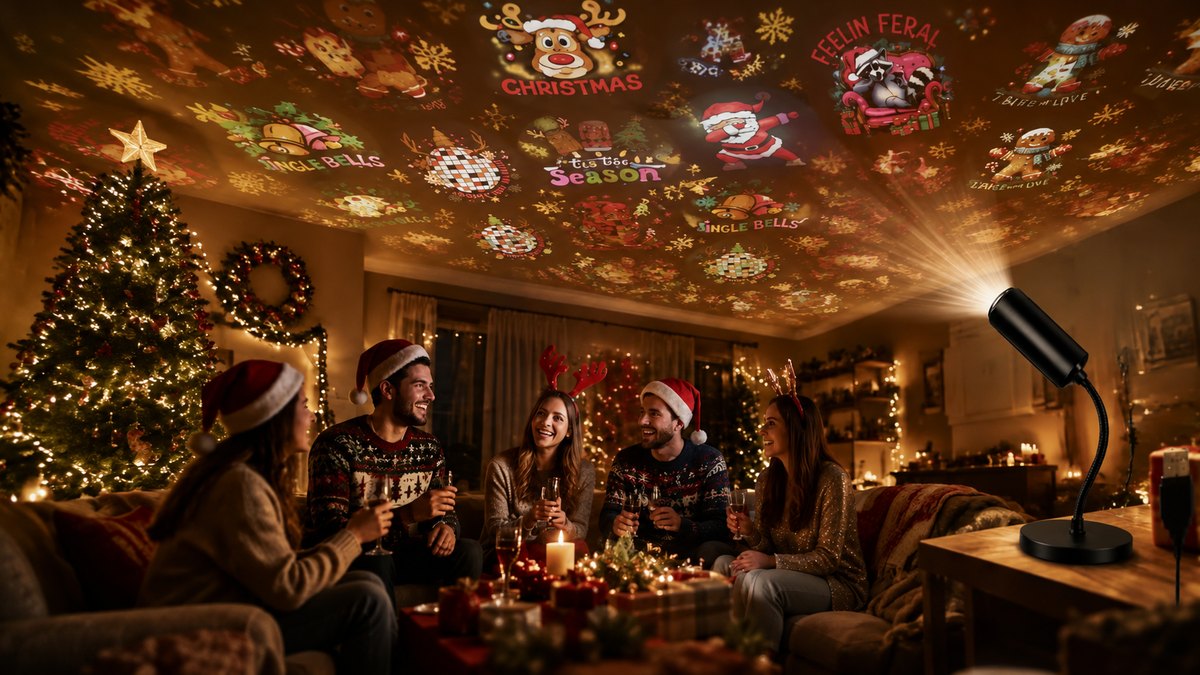 Christmas magic projector filling a room with festive ceiling scenes