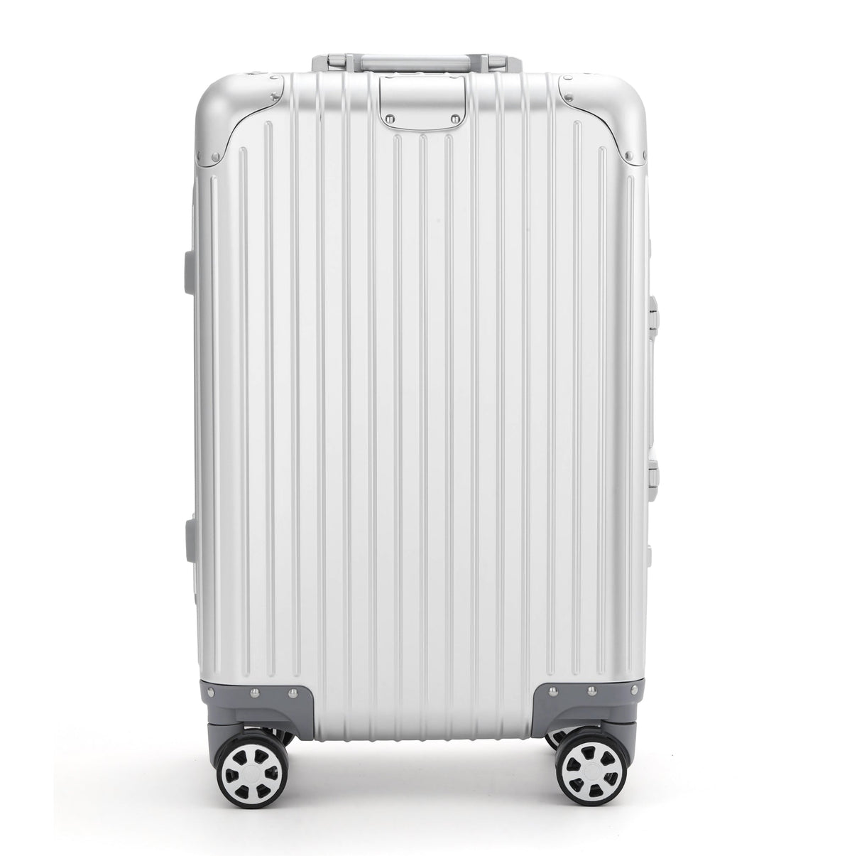 Silver aluminum suitcase front view