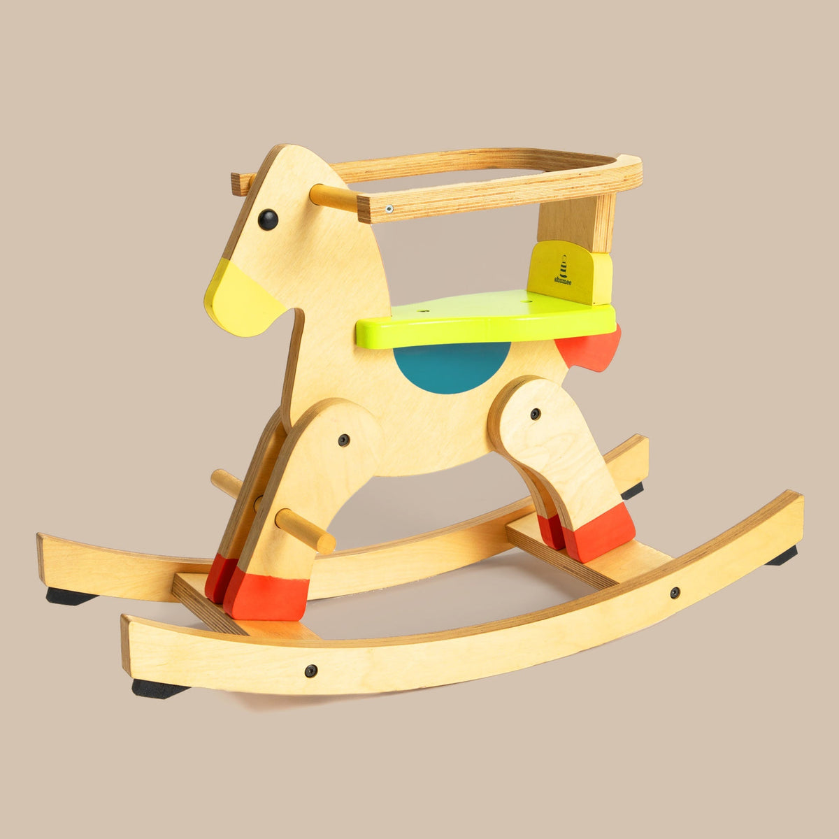 Wooden rocking horse with safety rail and footrest